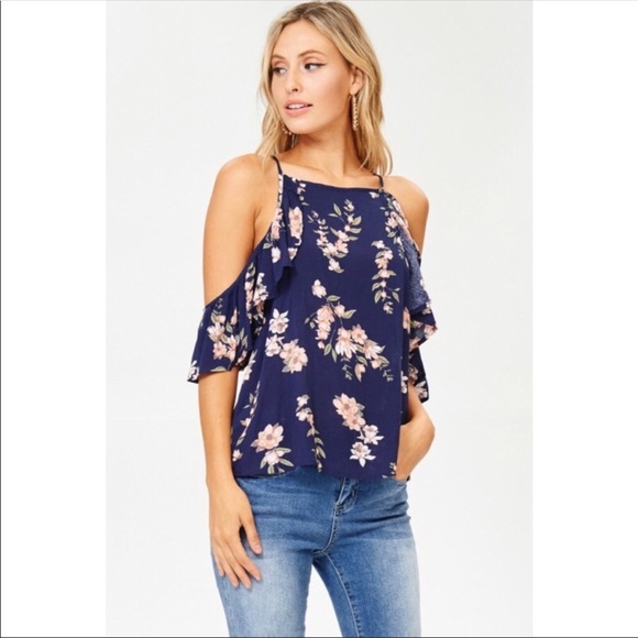 Sexy Navy Floral Open Shoulder Top - Picture 2 of 4